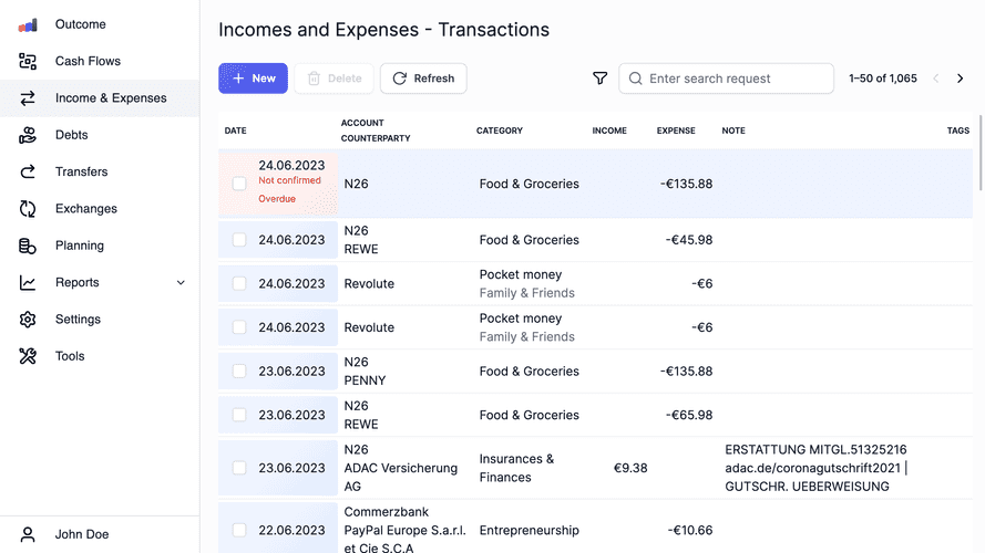 Desktop CashFlows screen